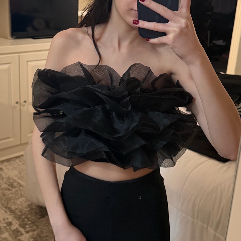 Zara Black Ruffled Strapless Crop Top
